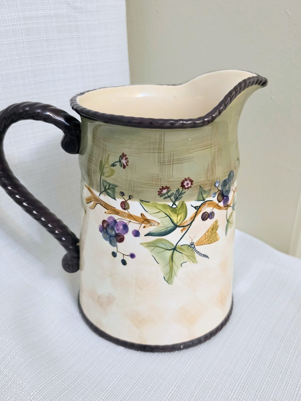 LG Claret Handled Pitcher Vase Tracy Porter Ceramic 90s Green Purple Nature